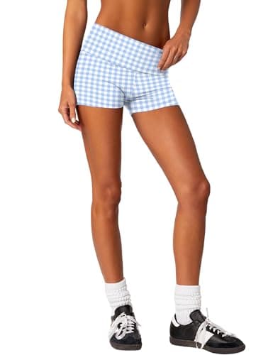 Rapbin Women Gingham Shorts Lounge Shorts Fold Over Skinny Pajamas Summer Pj Bottom Sleep Blue M