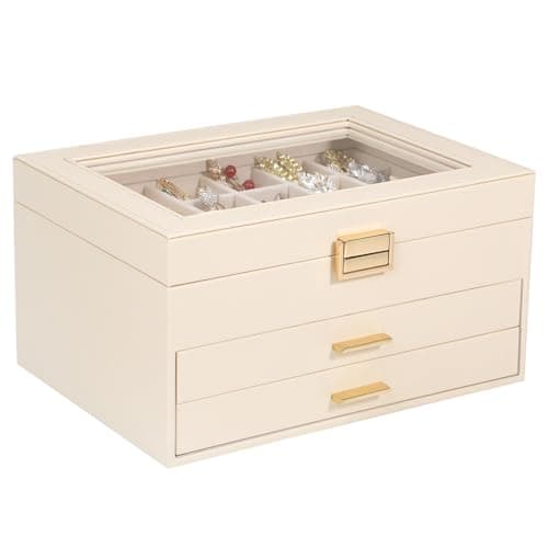 Voova Jewelry Box Organizer for Women Girls, 3 Layer PU Leather Jewelry Storage Case with Glass Lid & 2 Drawers, Large Jewellery Display Holder for Necklaces Rings Earrings Bracelets, Apricot