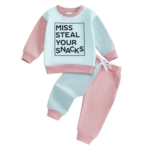 Baby Girl Fall Clothes Set Long Sleeve Letter Print Sweatshirt Pants Toddler Infant Outfits 6 12 18 24 Months 2T 3T (Miss Steal Your Snacks Blue, 2-3T)