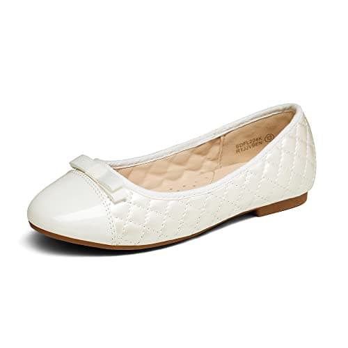 DREAM PAIRS Girls Dress Shoes Flower Girl Slip-on Cute Bow Ballet Flats for Wedding, Party,Size 5 Big Kid,Beige/White,SDFL224K