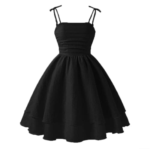 IBTOM CASTLE Girls Dress Summer Spaghetti Straps Smocked Ruched A Line Swing Party Dress Princess Birthday Double Layered Flowy Tween Homecoming Gown Black 9 Years