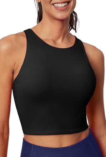 Ewedoos Tank Tops with Built in Bras Longline Sports Bras for Women High Neck Racerback Sports Bra Padded Workout Crop Black