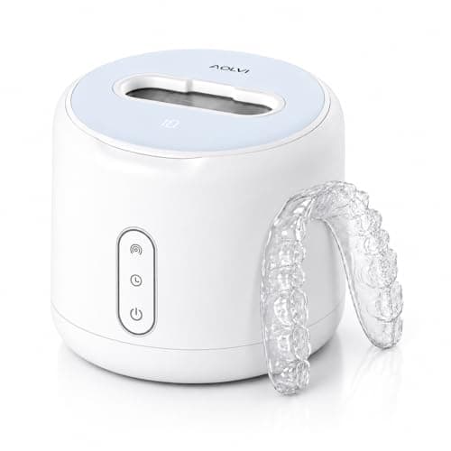 AOLVI Ultrasonic Retainer Cleaner Machine, IPX6 Waterproof Denture Cleaner, 3 Modes Dental Cleaning Pod with RGB Indicator, 45kHz Mouth Guard Cleaner with UV Light, 200ML Tank, White