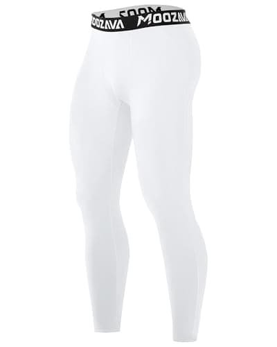 Moozava Compression Pants Men Workout Leggings Spandex Running Tights Athletic Base Layer for Gym Yoga Softball Fitness White M