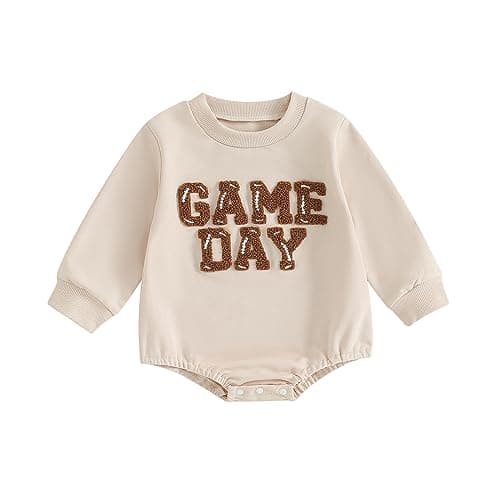 Chloefairy Baby Girl Boy Football Outfit Game Day Football Sweatshirt Romper Oversized Bodysuit Fall Winter Clothes (Apricot-GAME DAY embroidery, 12-18 Months)