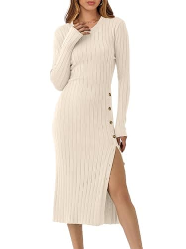 ANRABESS Womens 2026 Fall Long Sleeve Midi Dress Ribbed Knit Bodycon Fitted Button Down Wedding Guest Slit Sweater Dresses Beige X-Large