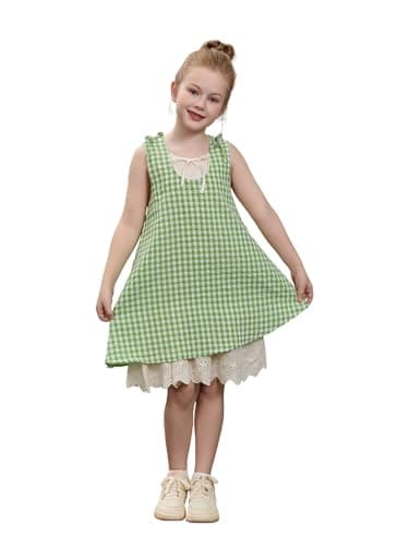 HUNAIF Girls' Summer Dresses, Kids Cute Mid-Length Casual Sundress,Children's Summer Plaid Dress,Girls French Dress,Sleeveless Blue Dress,Size:5-6 Years,Height: 45"-49"