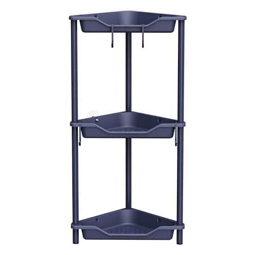 Orimade Rustproof 3 Tier Floor Standing Corner Shower Caddy Organizer, Plastic Metal Splicing Floor Corner Shelf Rack Stands for Bathroom, Bluish-Purple