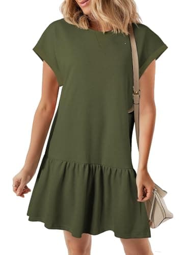 BLENCOT Women Cap Sleeve Solid Loose Pleated Workout Summer Flowy Summer Dress Shift Casual Sweatshirt Cotton Mini t Shirt Ruffle Dresses Medium Vineyard Green