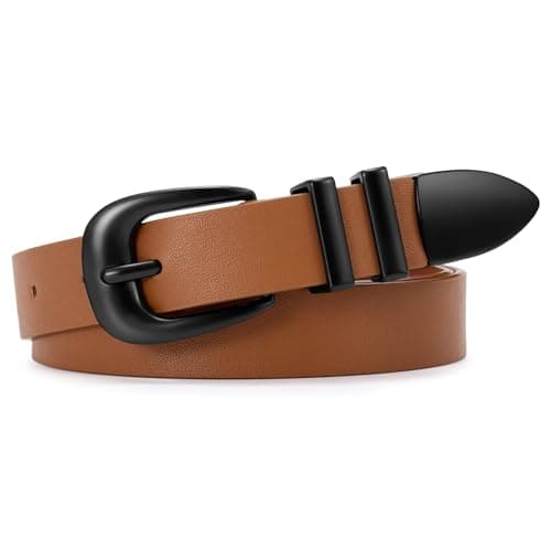WERFORU Women Leather Belt Fashion Leather Waist Belt for Pants Jean Ladies Western Thin Belt with Black Buckle (Fit Waist Size 45"-49",Brown-Black Buckle