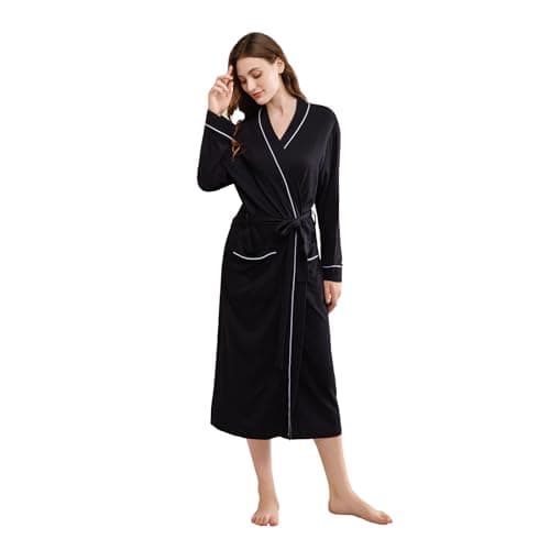 Women's Robes Lightweight Soft Cotton Blend, Ladies Bathrobe Absorbent Breathable Kimono Robe with Pockets,BLACK,L