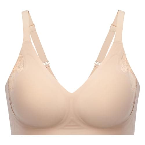Angelhood Bra for Women No Underwire Seamless Full Coverage Bralettes Lace Edge Ultra Comfort Support T-Shirt Bra Push Up Beige