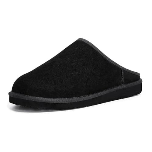 FITORY Men’s Winter Genuine Leather Slippers, Comfy Memory Foam Suede Shoes with Warm Fleece-Lined for Indoor and Outdoor Slip on Black Size 7