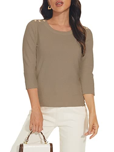 Spicy Sandia Women's 3/4 Sleeve Crew Neck Pullover Sweaters Lightweight Casual Dressy Knit Tops (Khaki,XL)