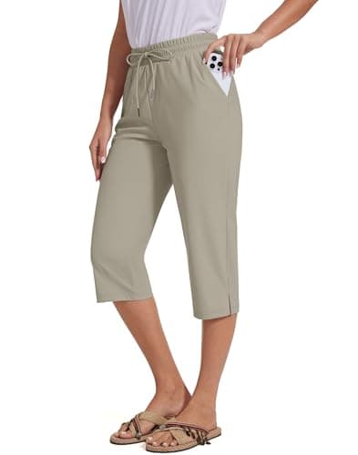 Cagola 18" Beach Pants for Women Swim Pants Summer Capris Modest UPF50+ Knee Length Long Swim Bottoms Built-in Brief Quick Dry Lightweight M Light Khaki