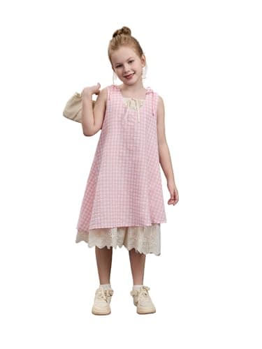 HUNAIF Girls' Summer Dresses, Kids Cute Mid-Length Casual Sundress,Children's Summer Plaid Dress,Girls French Dress,Sleeveless Dress,Size:9-10 Years,Height: 53"-57". Light Pink