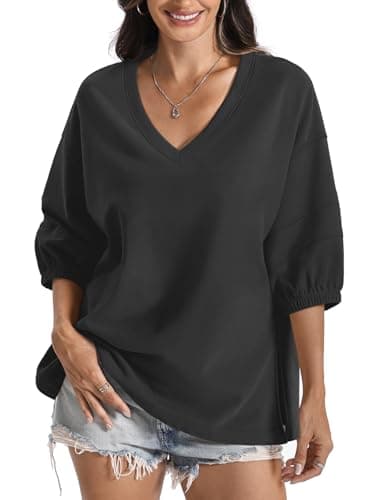 EasyGala Womens Cotton V Neck Sweatshirt 3/4 Sleeve Slouchy Fit Going Out Tops Trendy Side Slit Work Shirt Casual Fall Lightweight Outfits Y2K Winter Clothes 2025 Black Medium