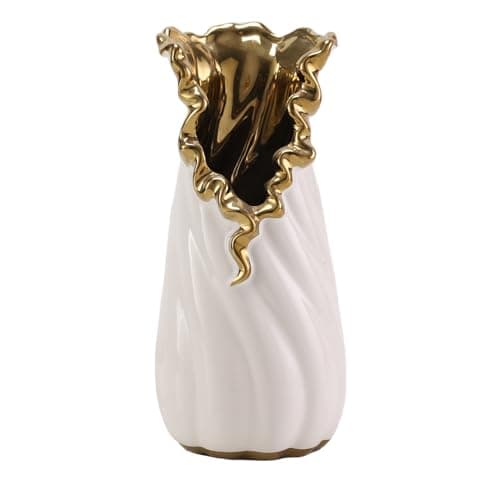 Modern White and Gold Vase Home Decor Hydroponic Flower Table Ceramic Vase Decorative High Cylinder Vase with Flare Edge Home Decor Living Room, Bedroom, Wedding, Party, Office (Medium)