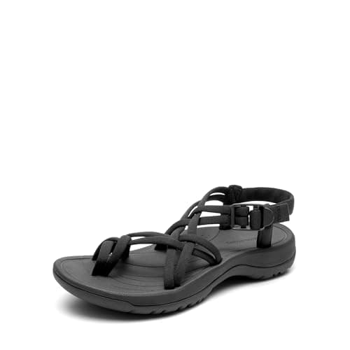 DREAM PAIRS Women's Walking Sandals With Arch Support Elastic Strap Summer Sport Athletic Casual Hiking Outdoor Sandal,Size 8,All Black,DWUMST2510