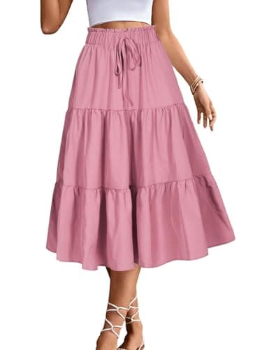 BARASA Women's Cute High Elastic Waist Skirt Casual Summer Trendy Tie Front Flowy Ruffle Floral Print A line Knee-high Skirts D626 Pink M