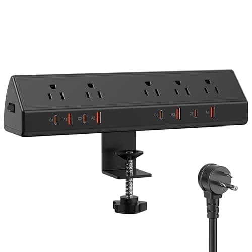 Desk Clamp Power Strip 65W Fast Charging Station,4 PD USB-C,5 Outlets,Nightstand Desk Edge Mount Tower Surge Protector,15 Amp Heavy Duty Power Strip,Fits 1.96" Tabletop Edge (Black, 6 FT Cable)