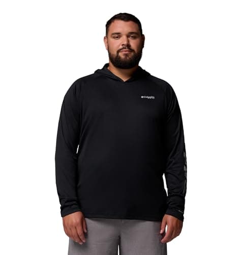 Columbia Mens PFG Terminal Tackle Long Sleeve Fishing Hoodie, Black/Cool Grey Logo, 3X Tall