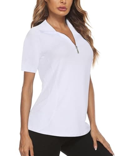 Koscacy Tennis Tops for Women,V Neck Collared Polo Shirts Athletic Short Sleeve Volleyball Tops Running Yoga Workout Pullover Stretchy Tshirts White Medium