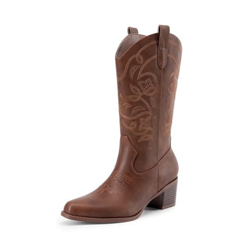 DREAM PAIRS Cowboy Boots for Women Cowgirl Western Boots Fashion Embroidery Stitched Chunky Heel Mid Calf Boots,Size 6,Brown-Pu,DWUMMB2504
