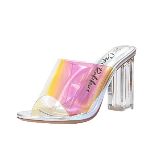 Cape Robbin Women's Clear Chunky Heels Slip On Open Toe with Transparent Upper, 3.5 Inch Lucite Block Heel & Leather Insole Platform Wedges (Fusion.A) - Holographic Size 7.5