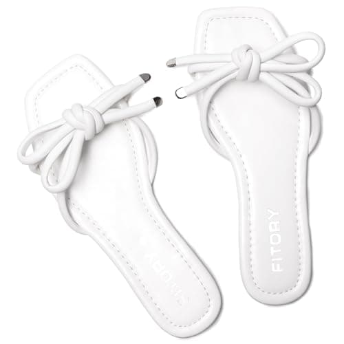 FITORY Women's Flat Sandals Square Open Toe Thong with Cute Knot for Summer Size 9 All White