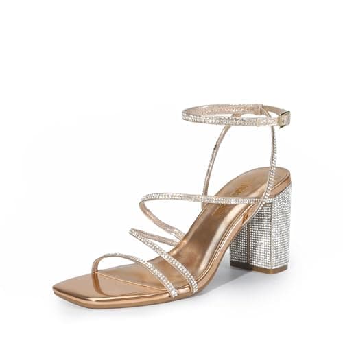 DREAM PAIRS Women's Heels Chunky Block Strappy Square Open Toe Ankle Buckle Heeled Sandals Wedding Party Dress Shoes Indie,Size 6,Rose Gold-Rhinestone,SDHS2428W