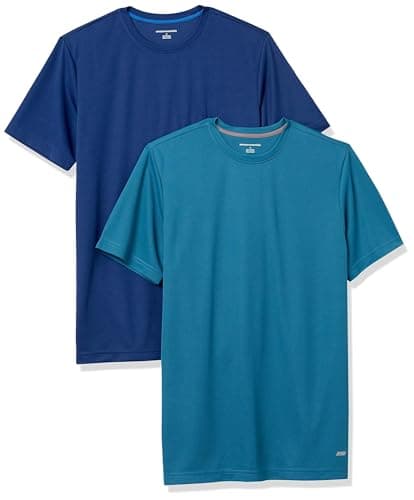 Amazon Essentials Men's Moisture Wicking Breathable Active Performance Tech Gym T-Shirts, Pack of 2, Dark Blue/Teal Blue, X-Small
