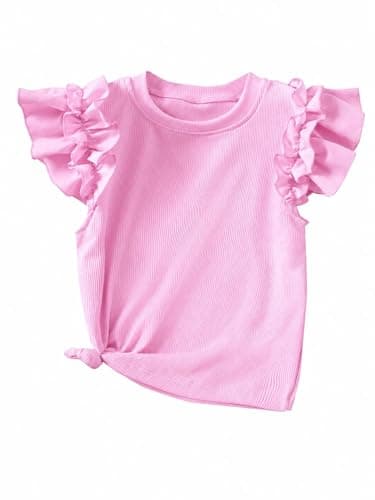 Ecolala Girls' Ruffle Sleeve Shirts Ribbed Knit Cute Tops Crew Neck Summer T Shirts Pink 11-12Y