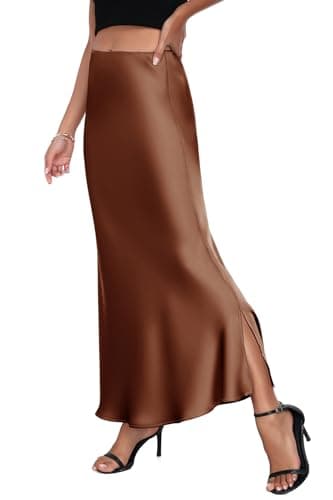 PEIQI 2025 Women's Satin High Waisted Maxi Skirts Summer Fall Silk Cocktail Party Flared Casual A Line Skirt Brown X-Small