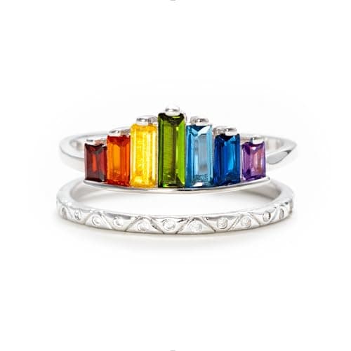 STORYJEWELLERY Rainbow Ring, Colorful Rings for Women, 925 Sterling Silver Adjustable Rings for Women, Double Band Baguette Ring, Womens Gifts, Size 10