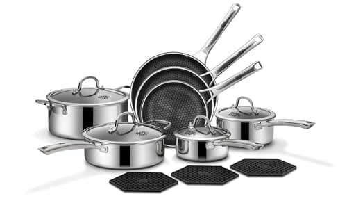 SNOWCLAD Pots and Pans Set Non Stick, 14 Pcs Hybrid Stainless Steel Cookware Sets, Non Stick Frying Pans, Saucepans, Saute Pan & Stock Pot, PFOA Free Kitchen Skillet,Induction Compatible
