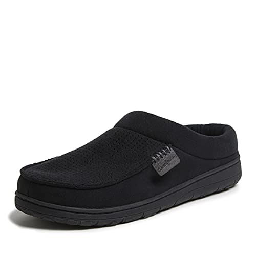 Dearfoams Men's Brendan Microfiber Suede Clog Slipper, Black (Perforated), Medium