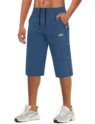 MAGCOMSEN Men Cargo Shorts Casual Quick Dry Lightweight Below Knee 3/4 Gym Capri Hiking Shorts with Zipper Pockets Blue Grey, 34