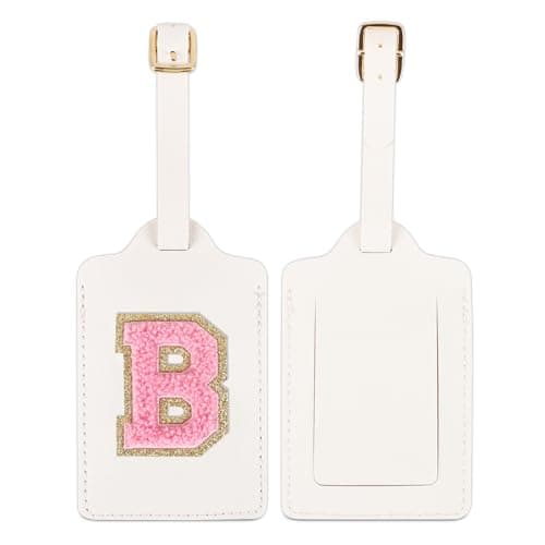 2Pack Initial Luggage Tags for Suitcases, Cute Letter Luggage Bag Suitcase Identifier Name Baggage Tag, PU Leather Travel Luggage Tags, Bag Tags for Men Women Kids Handbags Schoolbags(2 White-Pink B)