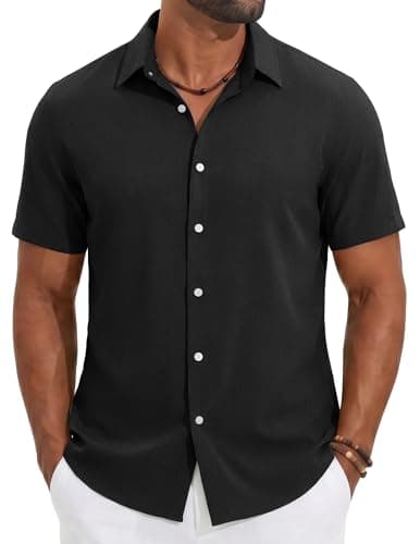 COOFANDY Black Casual Shirt for Men Short Sleeve Button Down Shirts Linen Shirts Black