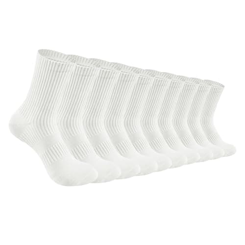 GOWAAW 5 Pairs Cotton Women's Crew Socks,Athletic Cushioned Sport Running Calf Socks,Seamless Toe Design,Durable, Soft, Breathable, High Stretch, White,Size 6-10