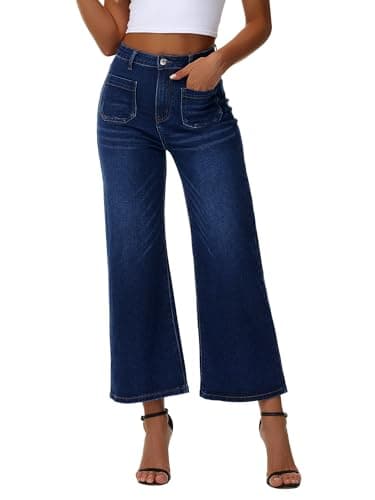 Genleck Women's Wide Leg Jeans – Cropped High Waisted Trendy Front Pockets Jeans Stretchy Capri Baggy Cute Denim Pants 2025,Midnight Blue,12