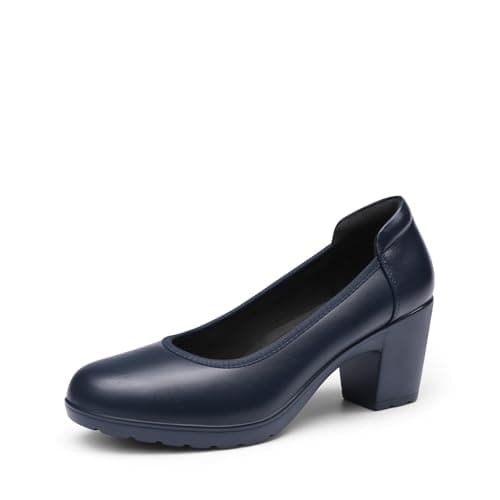 DREAM PAIRS Women's Chunky Closed Toe Low Block Heels Work Pumps Comfortable Round Toe Dress Wedding Shoes Nereida,Size 5,Navy Blue,SDPU2230W