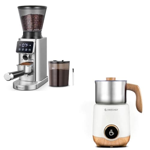 AMZCHEF Coffee Grinder and Milk Frother Set, 48 Grind Settings Burr Grinder with LED Touchscreen + 8-IN-1 Hot & Cold Milk Steamer, All-in-One Home Barista Kit for Espresso, Latte, Cappuccino & Iced Co
