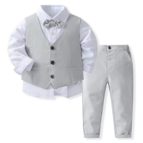 Boys 3Pcs Clothing Sets Cotton Long Sleeve Bowtie Shirts +Vest +Pants Casual Suit Grey
