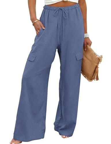 Xiaoxuemeng Womens Cotton Linen Wide Leg Pants Casual Elastic Waisted Cargo Pants with Pockets(DarkBlue-M)