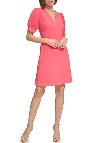 Tommy Hilfiger Women's Short Puff Sleeve V-Neck Shift Mini Dress, Paradise Pink, 8