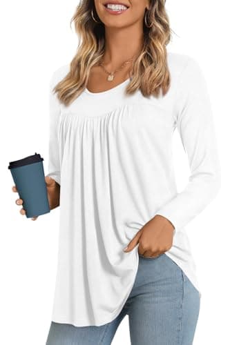 LONGYUAN Women's Long Sleeve Casual Tunics Tops 2026 Winter Loose Shirts Flare Blouse Comfy Elastic Cute White Small