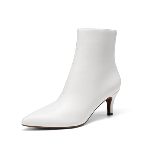 DREAM PAIRS Women's Kitten Heel Ankle Boots Pointed Toe Side Zipper Fall Leather Ankle Booties for Office Work,Size 9,White,DWUMAB2516