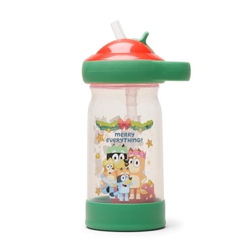 The First Years Sip & See Holiday Bluey Toddler Water Bottle - Includes Floating Charm - Spill Proof Toddler Cup with Straw - Dishwasher Safe with Flip Top Straw Cover - 13 Oz
